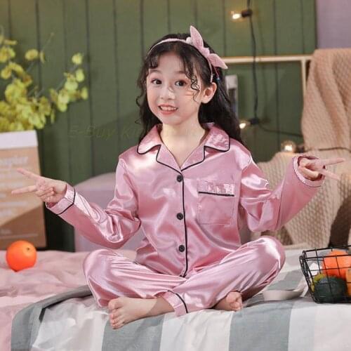 Childrens Sleepwear Satin Pajama Suits Spring Long Sleeves Homewear Sibling Silk Nightwear Baby Girls Clothes Pink Pajama Suits