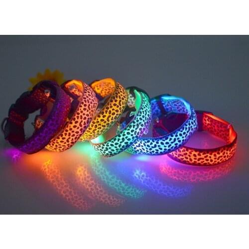 By dhl 100pcs Leopard LED Pet Dog Collar Flashing In Dark Nylon Lighting Safety LED Pet Collar