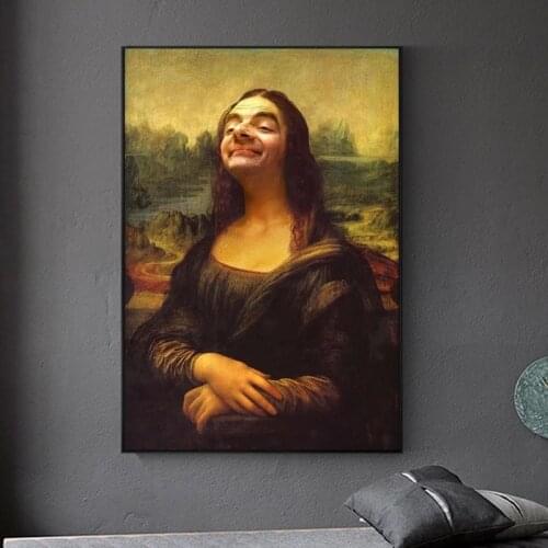 Europe Humor Funny Women Poster Mona Lisa and Mr. Bean Canvas Print Figure Painting Living Room Bedroom Wall Aer Decor Picture