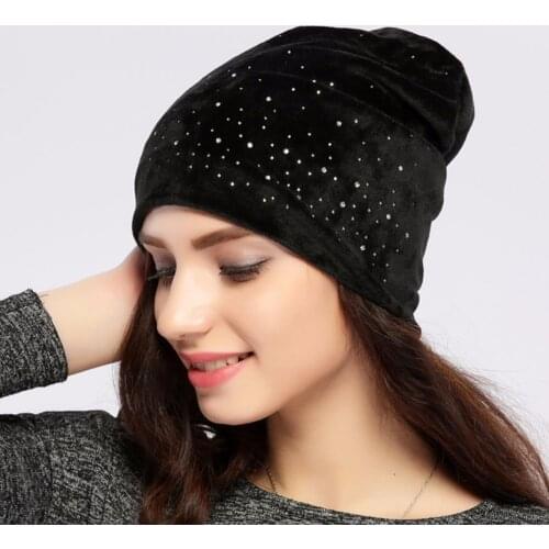 Geebro Womens Velour Beanie Hat Spring Polyester Shine Diamond Rhinestones Slouchy Beanies for Women Balaclava Skullies Cap