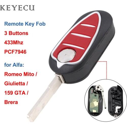 Keyecu 3 Buttons Flip Folding Remote Car Key Fob 433MHz with PCF7946 Chip for Alfa Romeo Mito Giulietta 159 GTA Brera