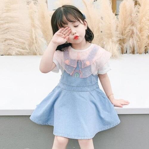 DFXD Summer Toddler Girl Clothing Set Fashion Short Sleeve Double Layered Collar T-shirt Embroidery Rainbow Jean Strap Dress 2pc