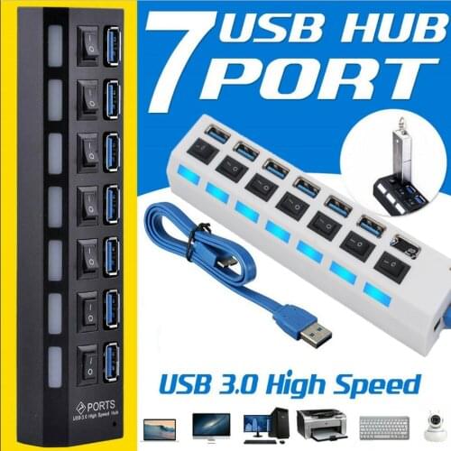 USB 3.0 Hub Multi USB Splitter 7 Port Multiple Expander 5Gps High Speed Splitter Power Adapter With Individual Switches For PC