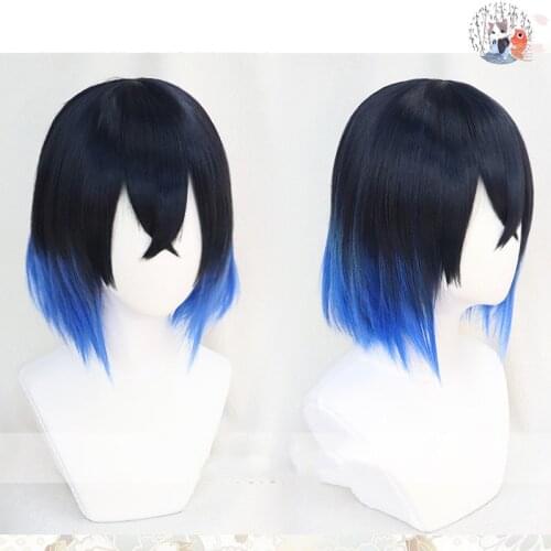Hashibira Inosuke Short Blue Ombre Wig Demon Slayer Kimetsu no Yaiba Heat Resistant Hair Cosplay Costume Wigs + Free Wig Cap