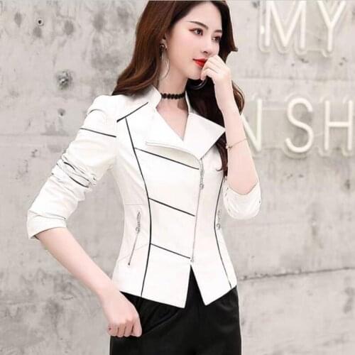 Large Size Leather Jacket Women New 2021 Leather Coat Women Short Slim Stripe Motorcycle Leather Clothing Female Outerwear Black