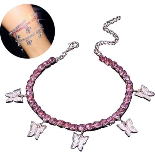 Fashion Women Butterfly Charm Anklet Rhinestone Ankle Bracelet Foot Chain Jewelry for Women Summer Beach Barefoot Chain