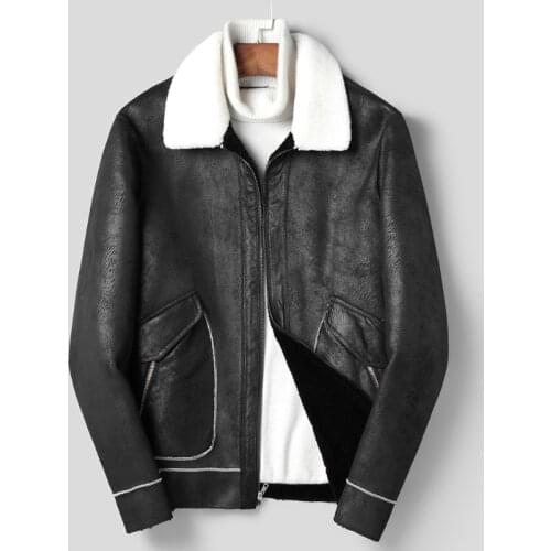 Mens Sheep Sheared Lapel Fur One Winter Leather Jacket Men Slim Short Wool Fur Youth Fashion Genuine Leather Coat