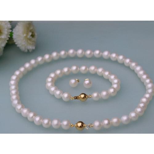 Set 8-9mm white round Freshwater genuine cultured Pearl necklace bracelet earring