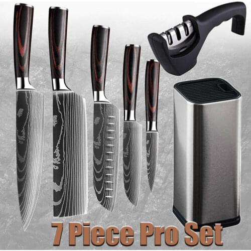 7pcs/set Kitchen Knife Set Japanese Damascus Pattern Chefs Knife with Accessory Knife Holder Knife Sharpener Kitchen Tools