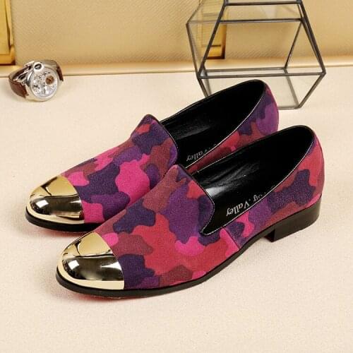 New Style Red Loafers Slip on Men Casual Leather Shoes Mens Flats Metal Tip Shoes