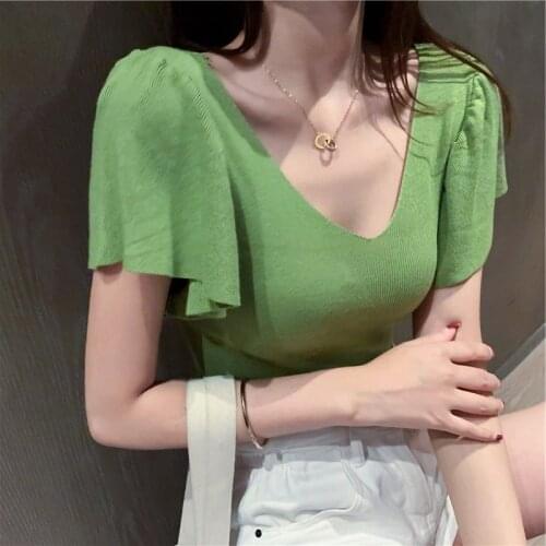 New Trends Women Fashion Tops Short Puff Sleeve knit top V-neck Slim T-shirt Casual Stretched Female Tees Tops