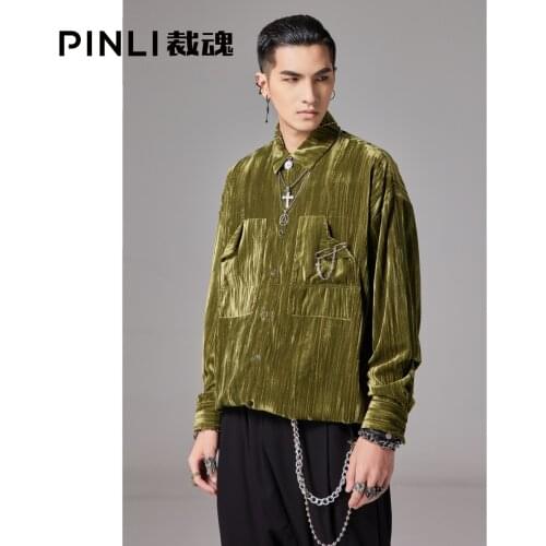 Free Shipping New Unique Pinli 2021 Army Green Autumn Mens Fashion Male Loose Velvet Casual Long-sleeved Shirt BC213113044