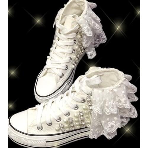 Handmade Flat Shoes Wedding Baroque Lace Rhinestone Pearl Platform Lace-up High Top Canvas Shoes