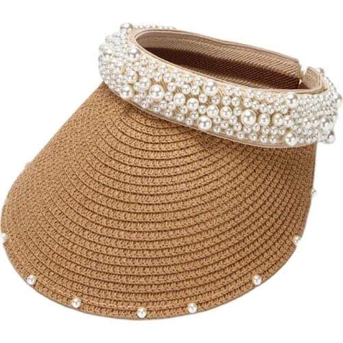 Fashion Girl Sun Hat Handmade Pearl Empty Top Beach Cap Outdoor Travel Large Wide Straw Hat UV Protection Beach Sun Hat Women