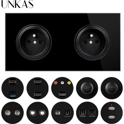 UNKAS Dual French Black Glass Panel Socket + HDMI-Compatible USB TV RJ11 Telephone RJ45 Computer Dimmer Fan Regulator Switch