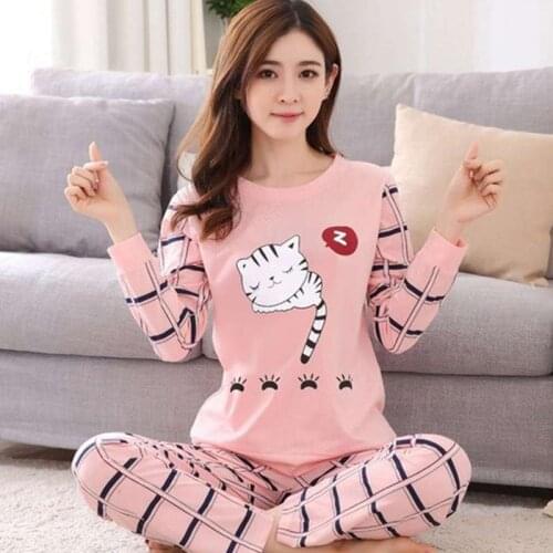 Spring and Autumn Fashion New Pajamas Set Womens Long Sleeve O-Neck Pullover Pants Large Size Home Service Set