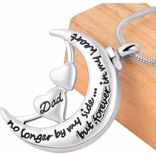 Cremation jewelry no longer by my side forever in my heart moon cremation necklace memorial heart ash urn pendant for Dad,Mom
