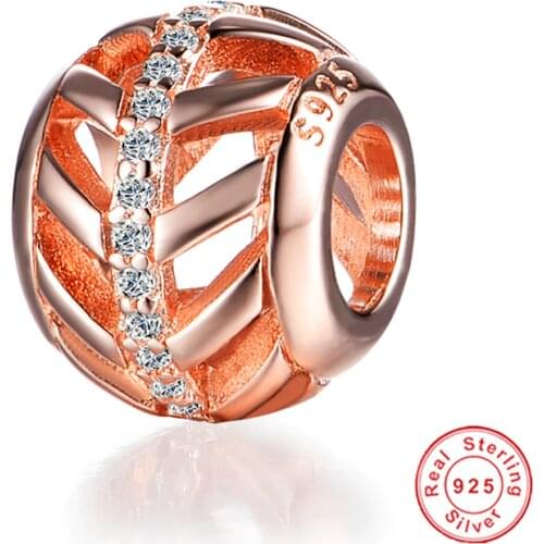 GW 925 Sterling Silver Charms Jewelry Rose Gold Color Beads Clear Cryral Charms Fit Bracelet Jewelry Making Wholesale E041
