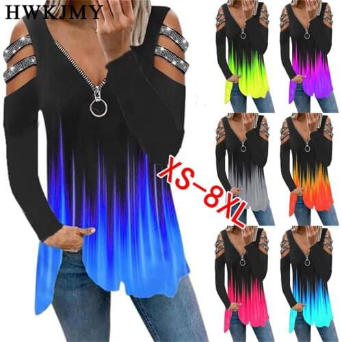 Womens Clothing Tee Female Big Large Off Shoulder Autumn Zipper Long sleeve Casual Tops Femme Hole Out Ladies T Shirts Plus Size