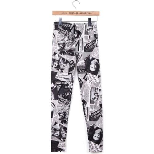 Womens Classic Retro Newspaper Beautiful Women Printed Leggings Casual Ankle Length Elastic Tights Yoga Workout Party Slim Pants
