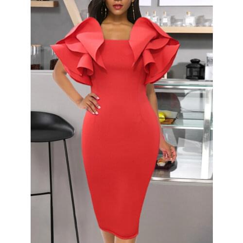 Plus Size Women Red Bodycon Dresses Ruffles Stylish Party Event Midi Dress Elegant Slim African Date Out Celebrate Occasion Robe
