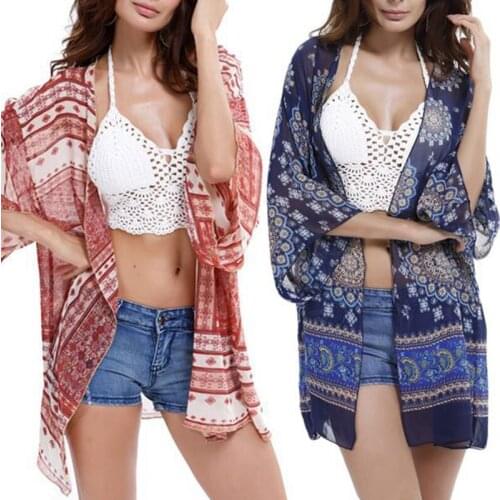 Womens Cardigan Spring / Summer Print Chiffon Loose V-Neck Top