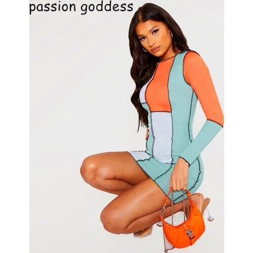 Women Plus Size Autumn Skinny Casual Knit Short Dress 2021 Long Sleeve Geometric Patchwork Slim Street Fashion Mini Party Dress