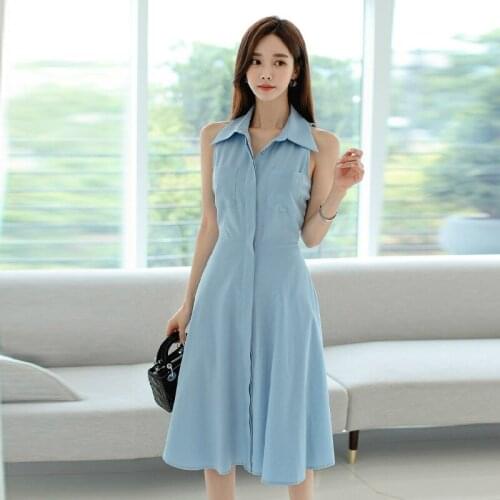 Sheer Casual Elegant Summer Dresses for Women Blue Midi Shirt Dress Sleeveless Singer Breasted Midi OL Office Work Dress Ladies