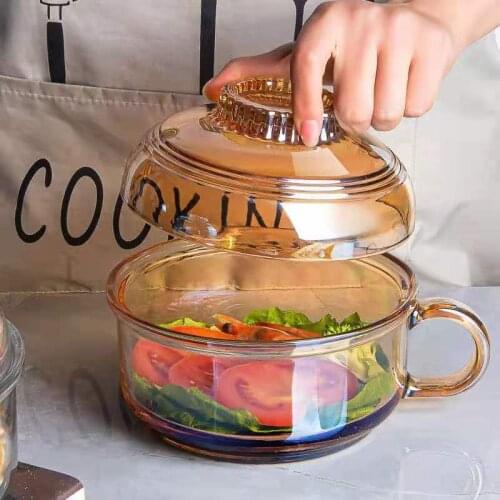 1480ml Nordic Breakfast Noodles Salad Bowl Kitchen Tableware Set Thickened Glasses Plate Bowl With Handle Kitchen Accessories