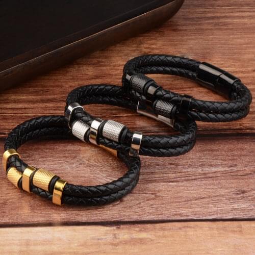 Genuine Leather Bracelet For Men With Gold Sliver Stainless Steel Magnet Clasp Braid 2 Layers Chain Viking Bracelet Male Jewelry