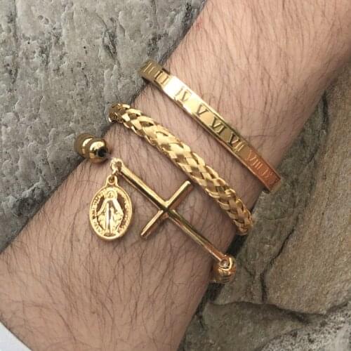 Stainless Steel Beads Ball With Cross Tag Charm Bracelets Bracelet Set for Men Royal Roman Gold Bangles Christian Jewelry