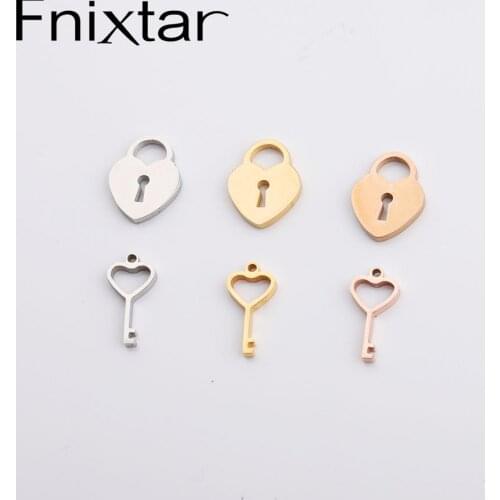 Fnixtar Mirror Polished Stainless Steel 9*12mm Love Heart Lock Pendant Key Charm 6.5*13mm DIY Neckalce 20piece/lot