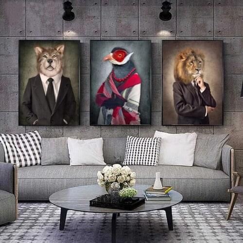 Retro Canvas Painting Animals Head In Cloth Wall Art Lion Posters Prints Wolf Cat Wall Pictures for Living Room Home Decor
