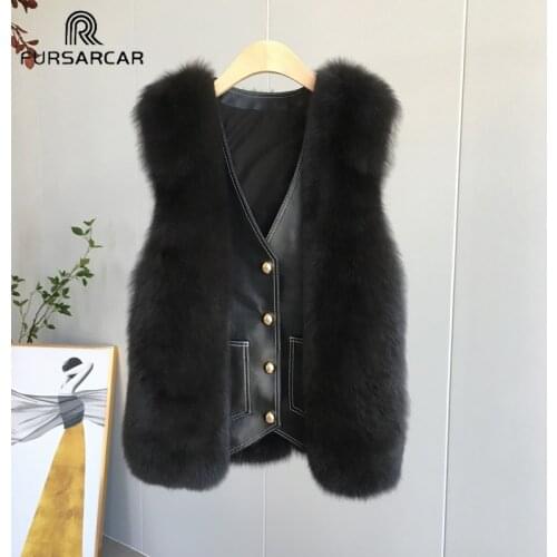 FURSARCAR Fashion Genuine Fox Fur Vest With Sheep Leather Women Natural Real Fox Fur Vests Short WaistCoats Winter Outerwear