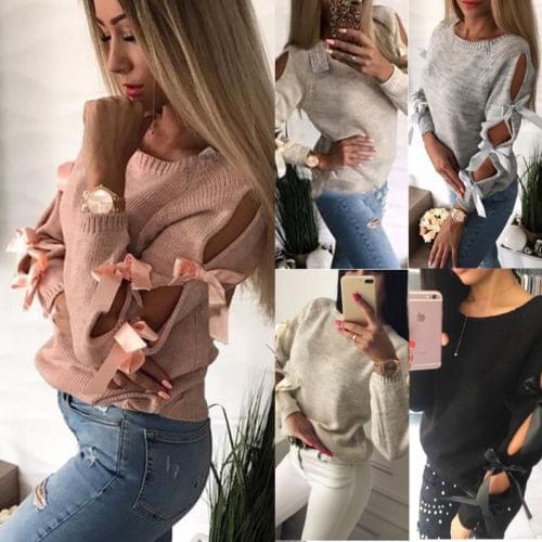 2017 New Knitwear Women Bow Hollow out Tops Long Sleeve Pullover O-neck Loose Autumn Winter Sweater