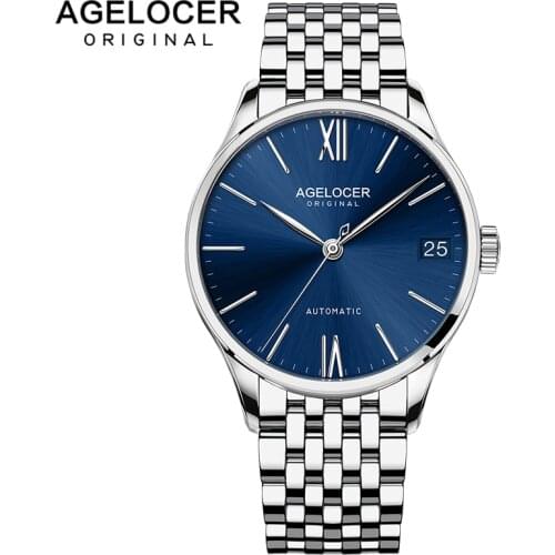 New Agelocer Classic Blue Dial Luxury Men Self-winding Automatic Watches Stainless Steel Day Date Watch 7074A9