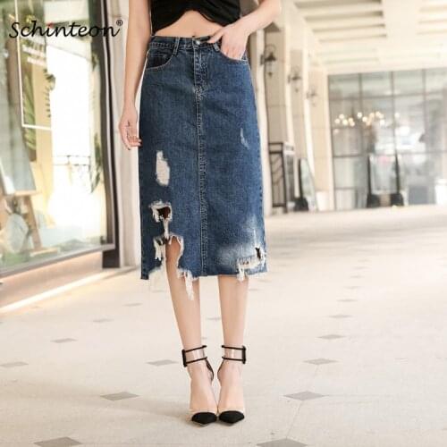 New Arrival 2019 Women Ripped Hole Denim Skirt Irregular Jean Over Size Skirt High Waist Fashion Female Big Size