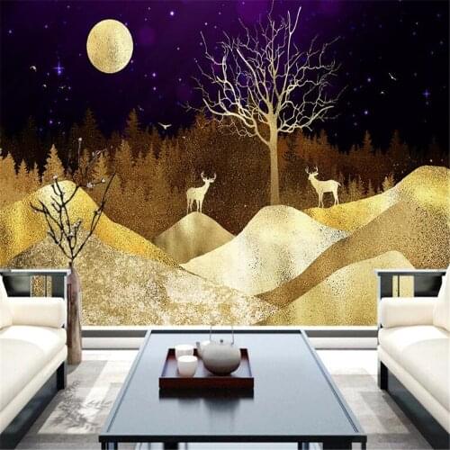 Milofi new Chinese style abstract golden landscape rich tree elk wallpaper mural background wall decoration painting