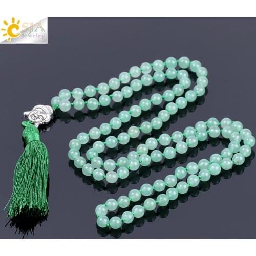 CSJA Natural Gem Stone Green Aventurine Women Long Necklaces 6mm 108 Mala Bead Silk Tassel Buddha Ethnic Boho Maxi Necklace F136