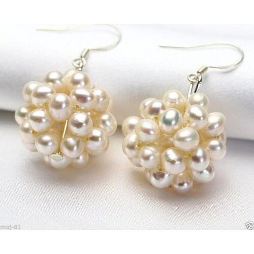 Selling Jewelry Pair Natural White Freshwater Pearl Cluster Sterling Silver Hook Dangle Earrings