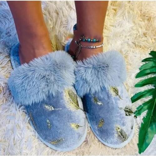 Autumn winter new embroidered warm home golden print cotton slippers flat women sandals 2020 plus size plush shoes flip flop