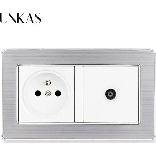 UNKAS Gray Stainless Steel Panel 16A French Standard Power Socket + Grey TV Televtion Connector Jack 146MM*86MM 2 Gang Outlet