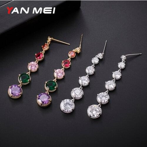 YAN MEI Long Drop Earring Trendy Long Earring Pendant Korean Jewelry Women Silver Crystal Zircon Large Hanging Drop Earrings