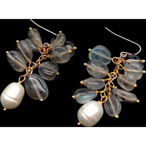 YYGEM Natural Labradorite Freeform Cultured White Rice Pearl Dangle Hook Earrings handmade for women