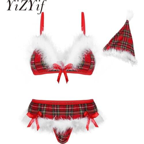 Women Christmas School Girl Cosplay Plaid Lingerie Sets Feather Trimming Bra Tops with G-string Hat for Honeymoon Nightwear