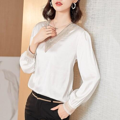2021 Fashion Silk Womes Blouses Shirt V-neck Long Sleeve Ladies tops Embroidered White OL Satin Blouses Solid women clothing
