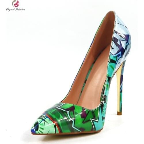 Original Intention Fashion Style of Painting Pumps Woman Green Red Stiletto High Heels Pointed Toe Elegant Shoes Female Mature