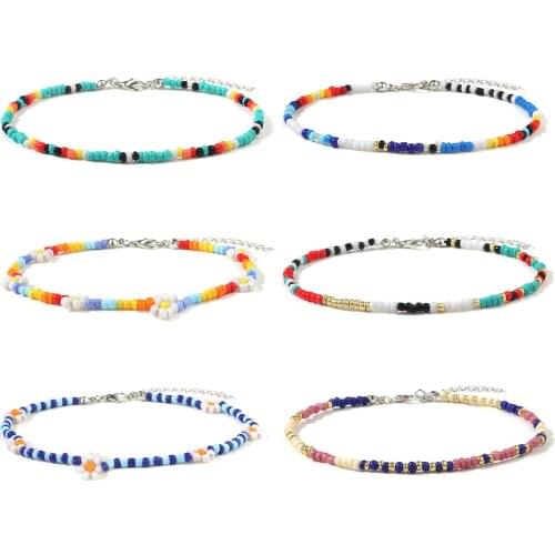 Handmade Flower Daisy Bead Anklet Bracelet Adjusted For Women Bohemian Colorful Seed Bead Elastic Stretch Ankle Jewelry Gift