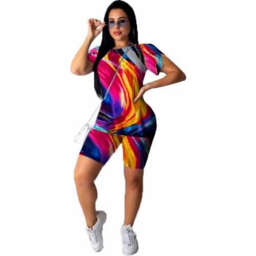 Women Tracksuits 2 Piece Set Summer Print Short Sleeve Top Shorts Ladies Casual Suit Jogging Outfit Clubwear Matching Sets