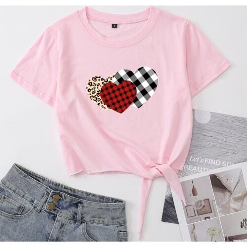 Love Hearts Heart Shape Top Knotted Crop Top Shirt Womens Summer Short Sleeve Cotton T-Shirt Cropped Tops Tee with Front Knot